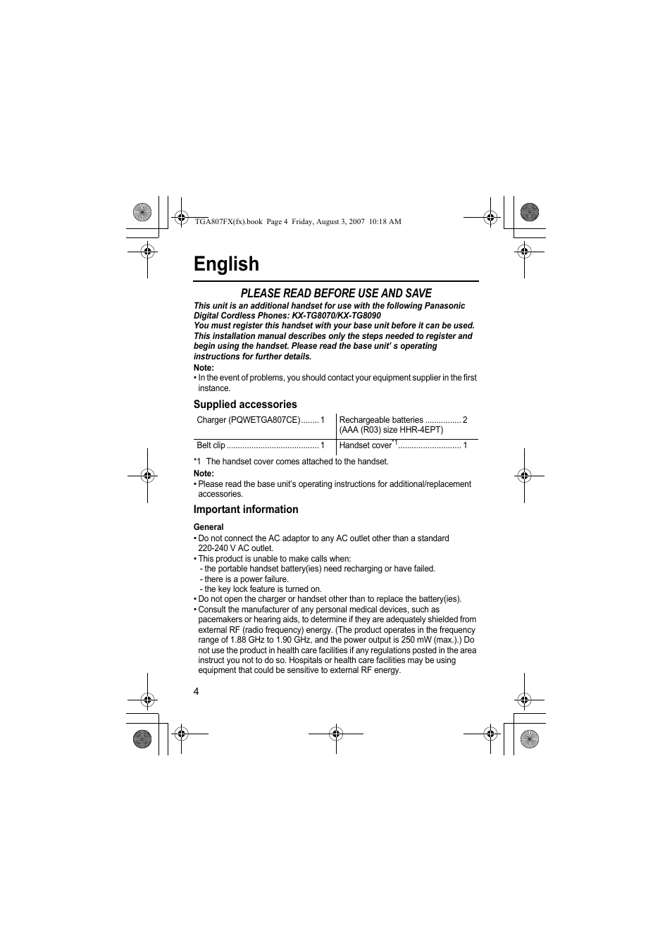 English, Please read before use and save | Panasonic KXTGA807FX User Manual | Page 4 / 36