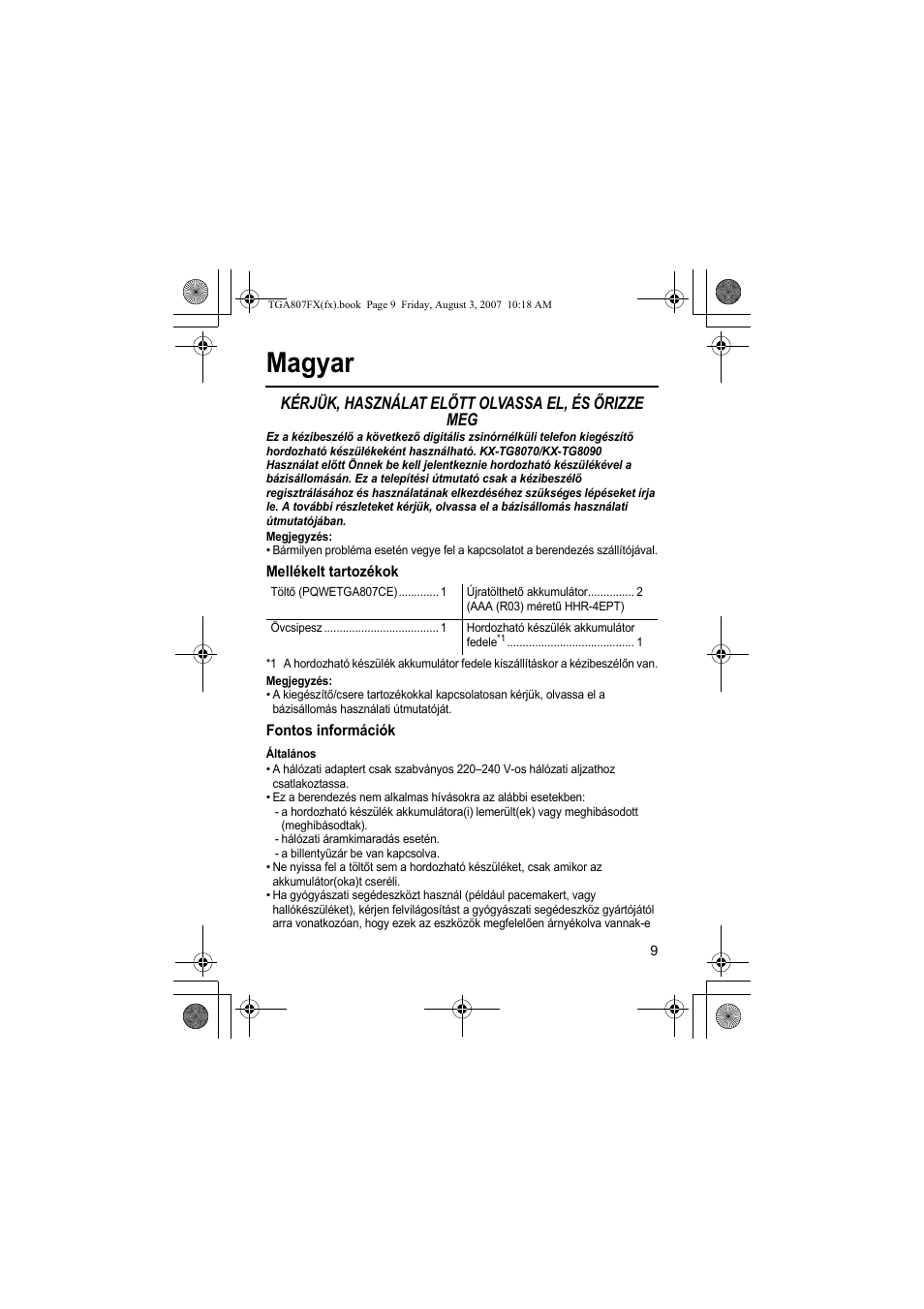 Magyar, Kérjük, használat előtt olvassa el, és őrizze meg | Panasonic KXTGA807FX User Manual | Page 9 / 36