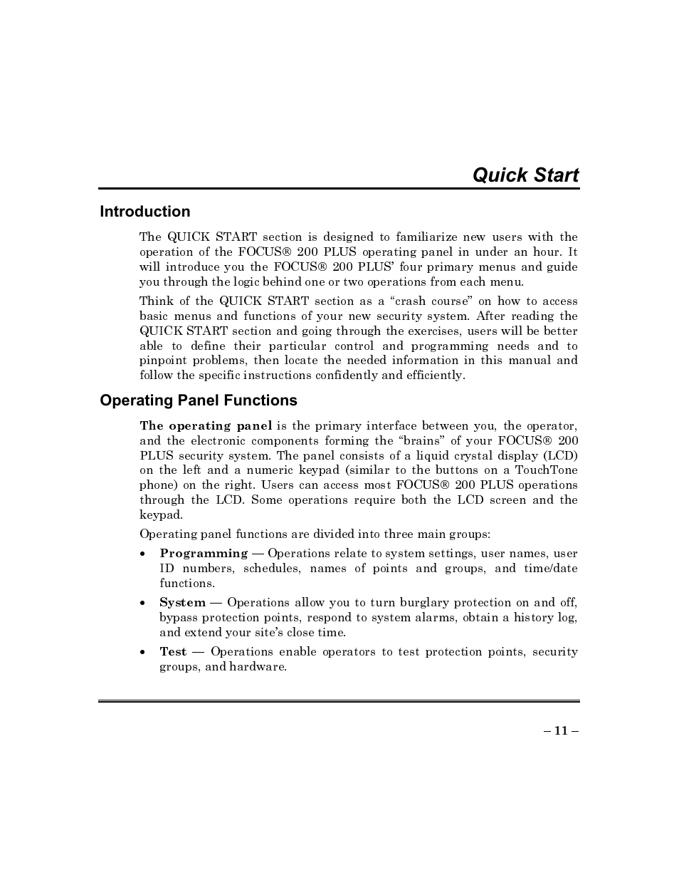 Introduction, Operating panel functions, Introduction operating panel functions | Quick start | ADT Security Services Commercial Fire & Burglary Alarm System FOCUS 200 PLUS User Manual | Page 11 / 88