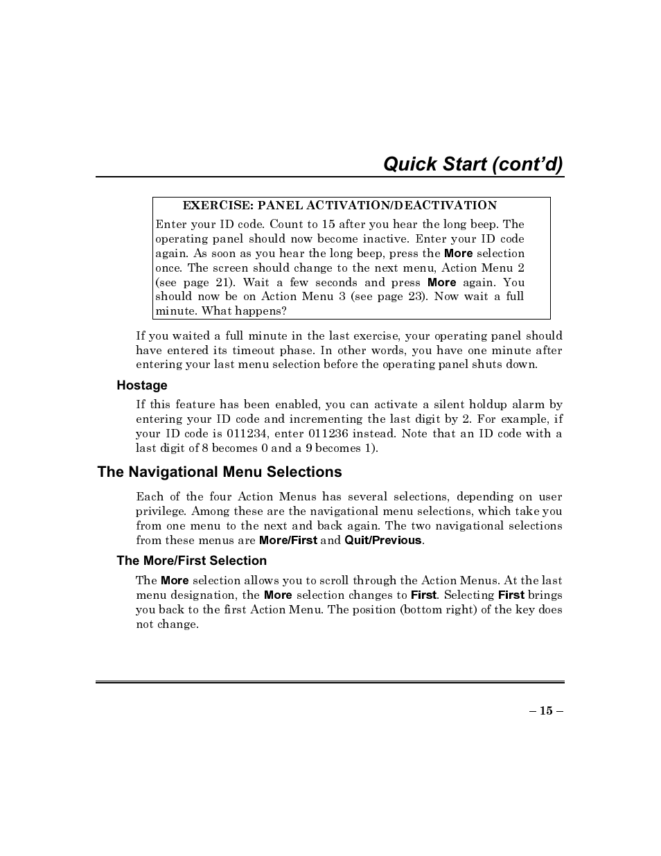 Exercise: panel activation/deactivation, The navigational menu selections, Quick start (cont’d) | ADT Security Services Commercial Fire & Burglary Alarm System FOCUS 200 PLUS User Manual | Page 15 / 88