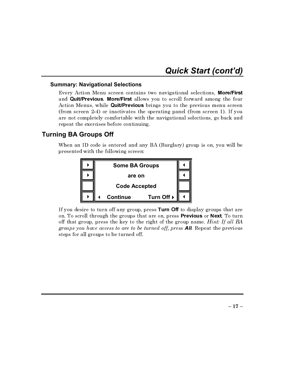 Turning ba groups off, Quick start (cont’d) | ADT Security Services Commercial Fire & Burglary Alarm System FOCUS 200 PLUS User Manual | Page 17 / 88