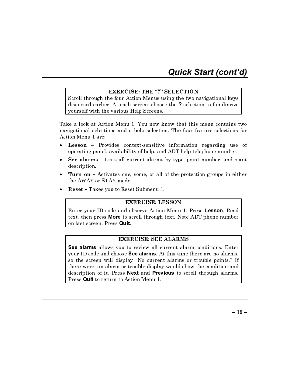 Exercise: the “?” selection, Exercise: lesson, Exercise: see alarms | Quick start (cont’d) | ADT Security Services Commercial Fire & Burglary Alarm System FOCUS 200 PLUS User Manual | Page 19 / 88