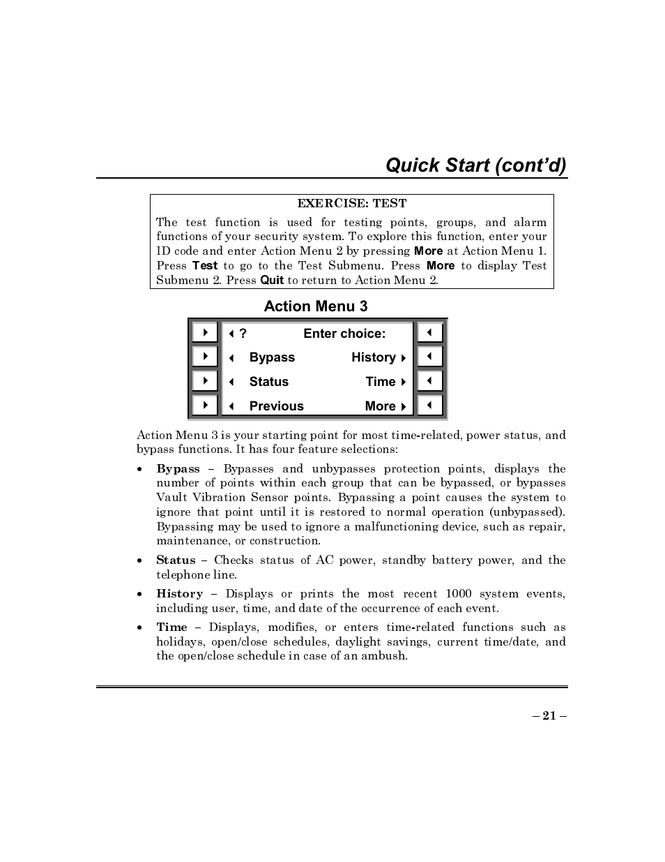 Exercise: test, Action menu 3, Quick start (cont’d) | ADT Security Services Commercial Fire & Burglary Alarm System FOCUS 200 PLUS User Manual | Page 21 / 88