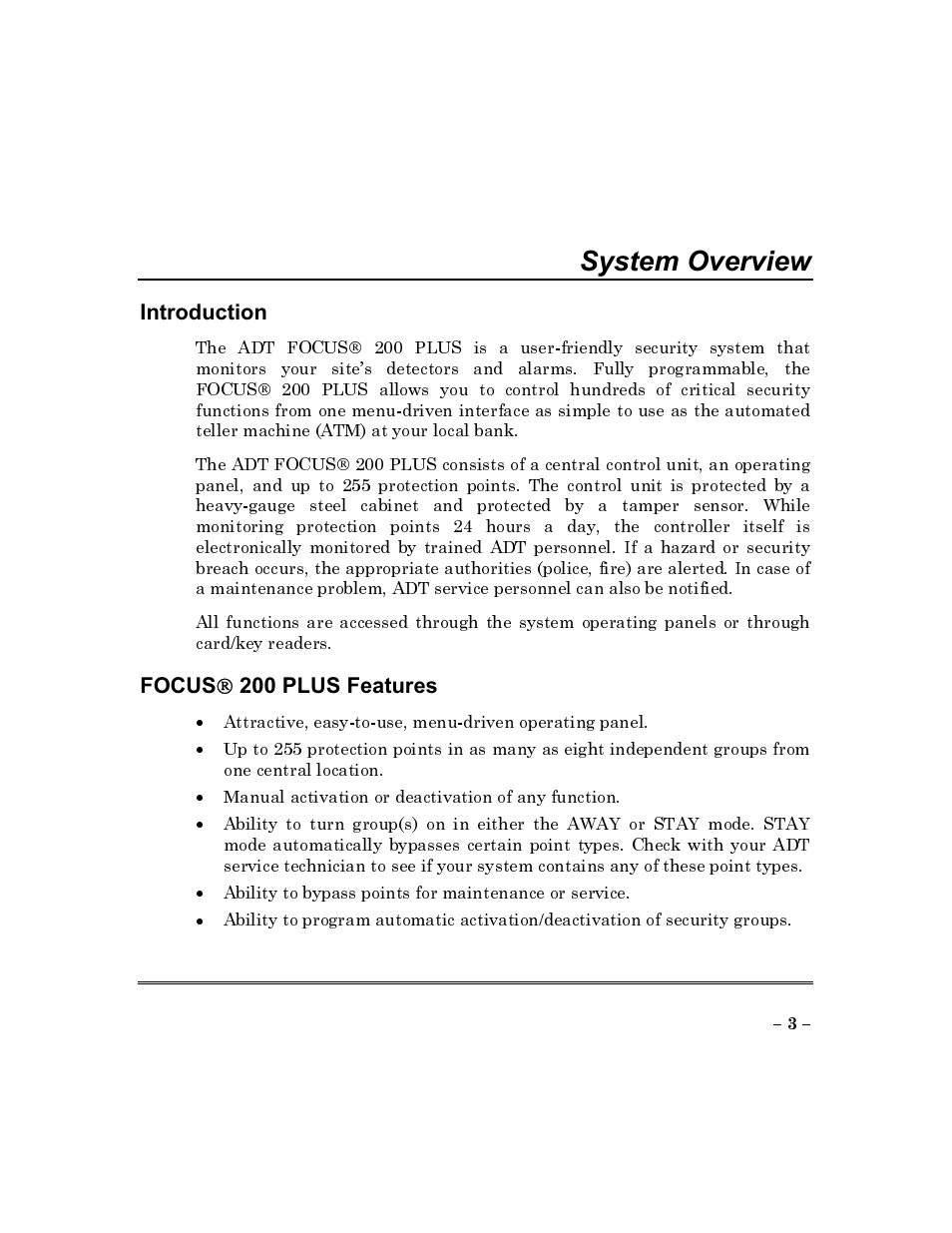 Introduction, Focus® 200 plus features, Introduction focus® 200 plus features | System overview | ADT Security Services Commercial Fire & Burglary Alarm System FOCUS 200 PLUS User Manual | Page 3 / 88