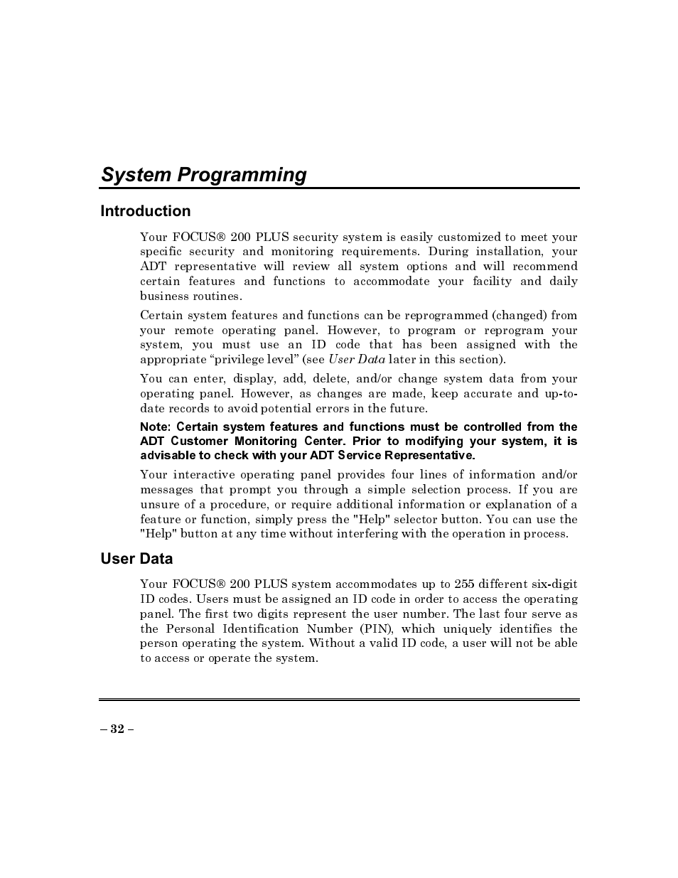 Introduction, User data, Introduction user data | System programming | ADT Security Services Commercial Fire & Burglary Alarm System FOCUS 200 PLUS User Manual | Page 32 / 88