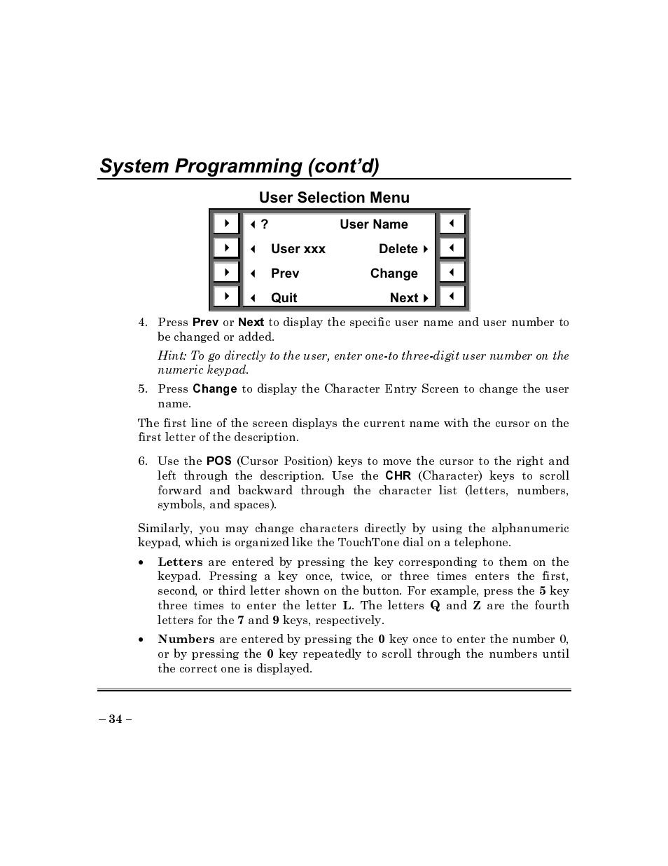 User selection menu, System programming (cont’d) | ADT Security Services Commercial Fire & Burglary Alarm System FOCUS 200 PLUS User Manual | Page 34 / 88