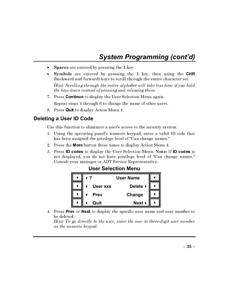 Deleting a user id code, User selection menu, System programming (cont’d) | ADT Security Services Commercial Fire & Burglary Alarm System FOCUS 200 PLUS User Manual | Page 35 / 88