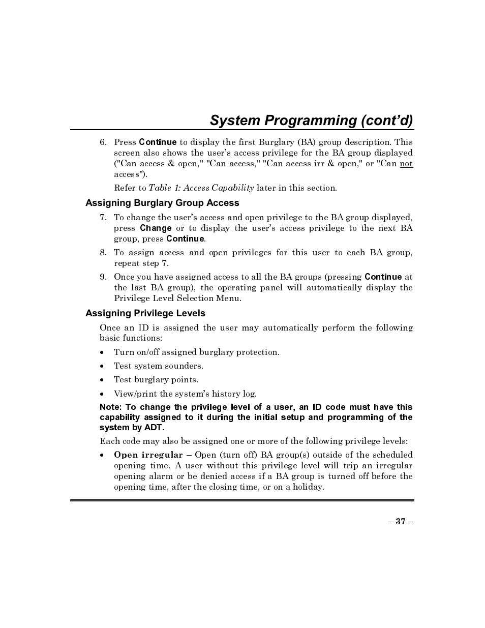 System by adt, System programming (cont’d) | ADT Security Services Commercial Fire & Burglary Alarm System FOCUS 200 PLUS User Manual | Page 37 / 88