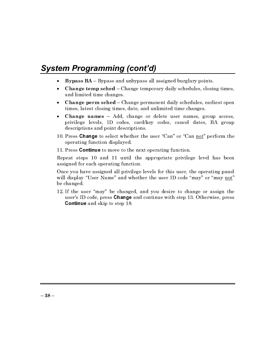 System programming (cont’d) | ADT Security Services Commercial Fire & Burglary Alarm System FOCUS 200 PLUS User Manual | Page 38 / 88