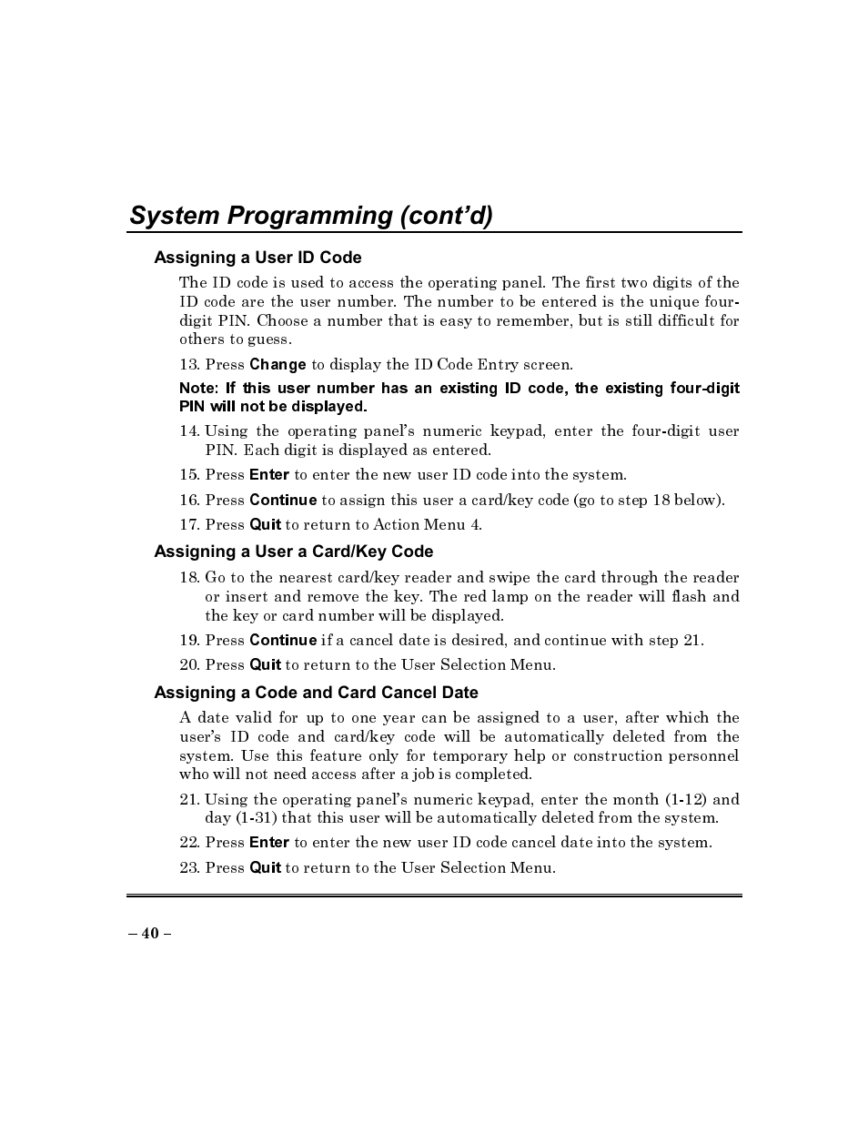 System programming (cont’d) | ADT Security Services Commercial Fire & Burglary Alarm System FOCUS 200 PLUS User Manual | Page 40 / 88