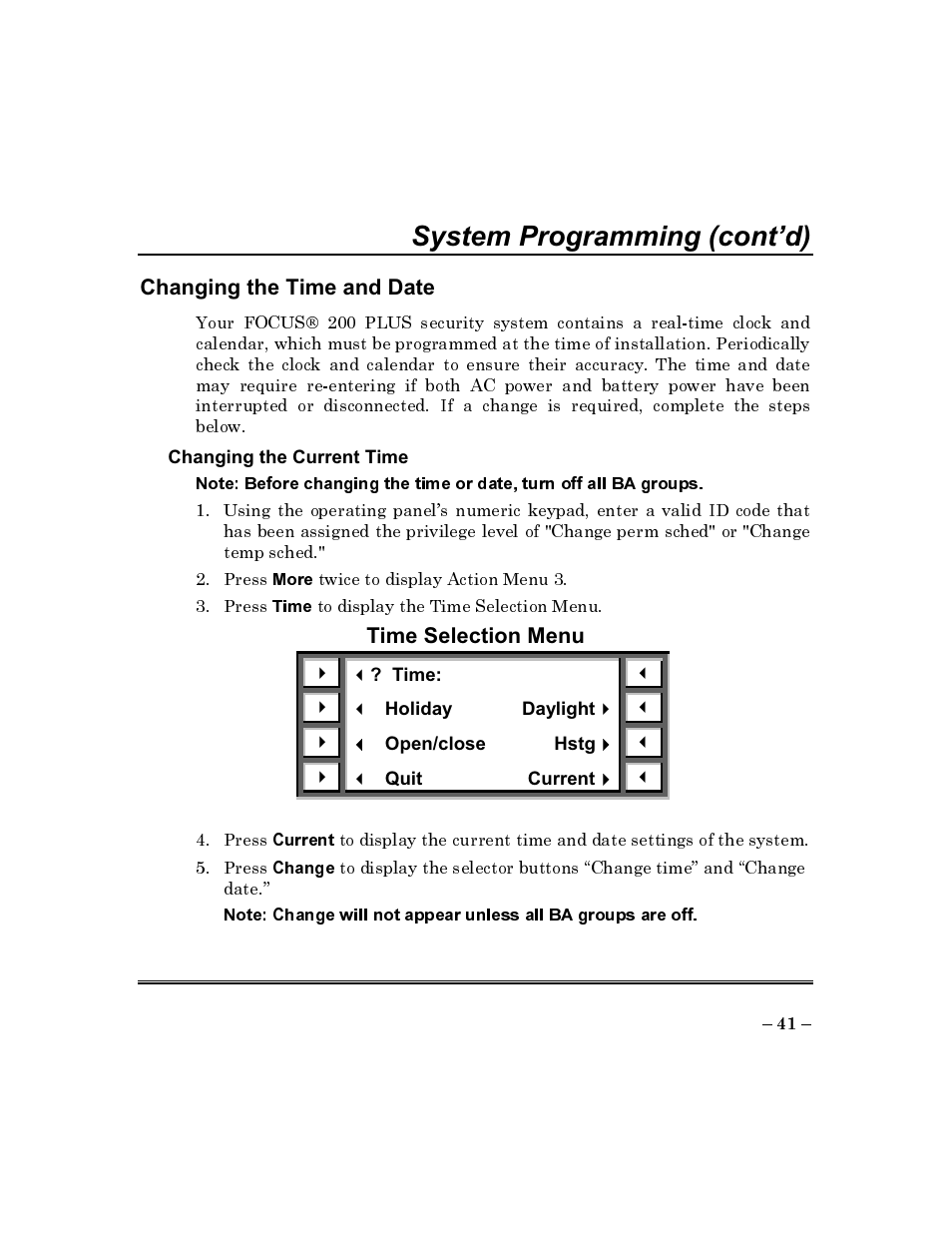 Changing the time and date, Time selection menu, System programming (cont’d) | ADT Security Services Commercial Fire & Burglary Alarm System FOCUS 200 PLUS User Manual | Page 41 / 88