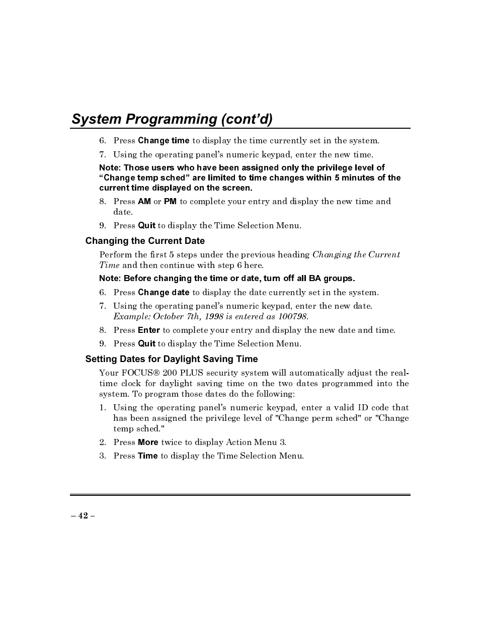 System programming (cont’d) | ADT Security Services Commercial Fire & Burglary Alarm System FOCUS 200 PLUS User Manual | Page 42 / 88