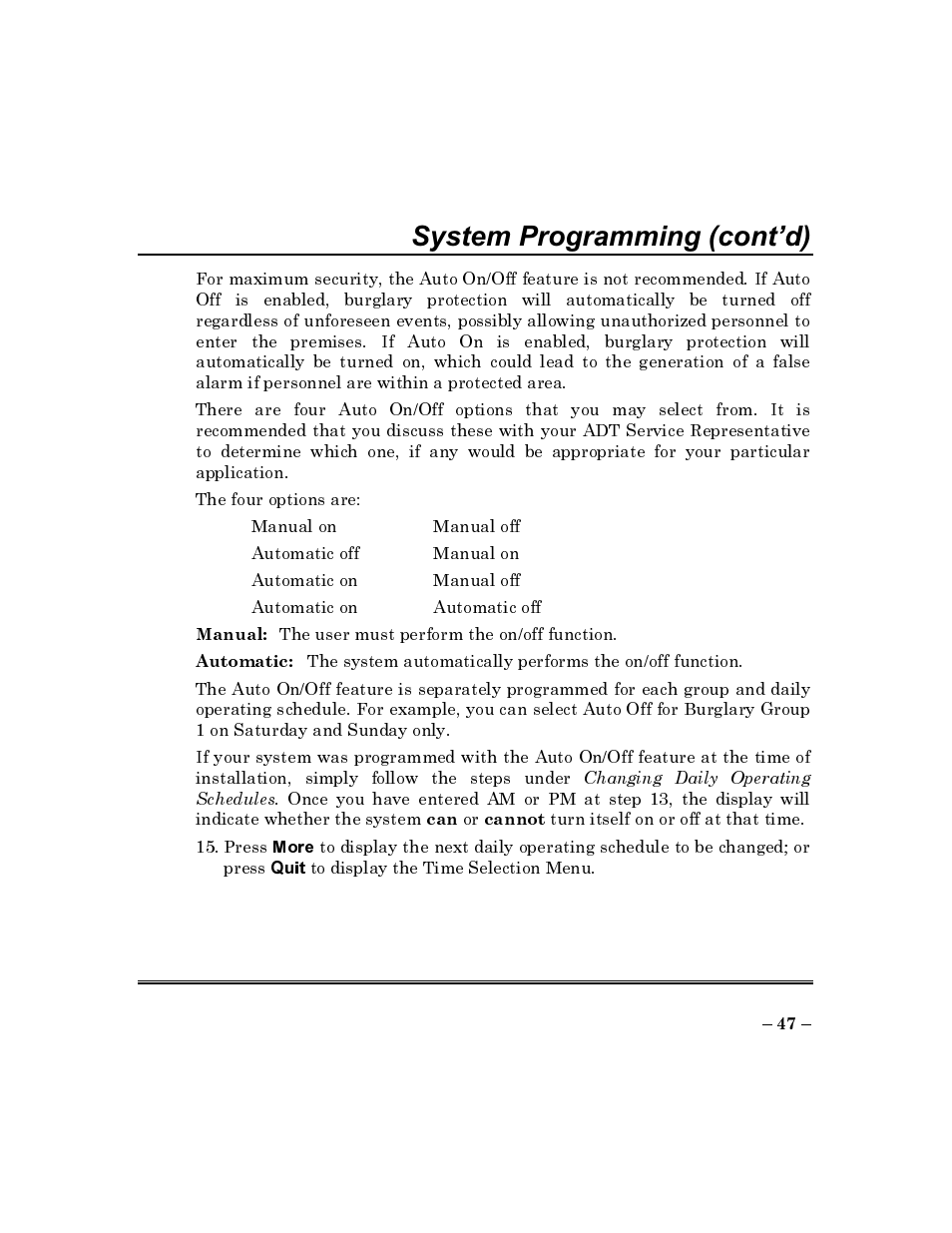 System programming (cont’d) | ADT Security Services Commercial Fire & Burglary Alarm System FOCUS 200 PLUS User Manual | Page 47 / 88