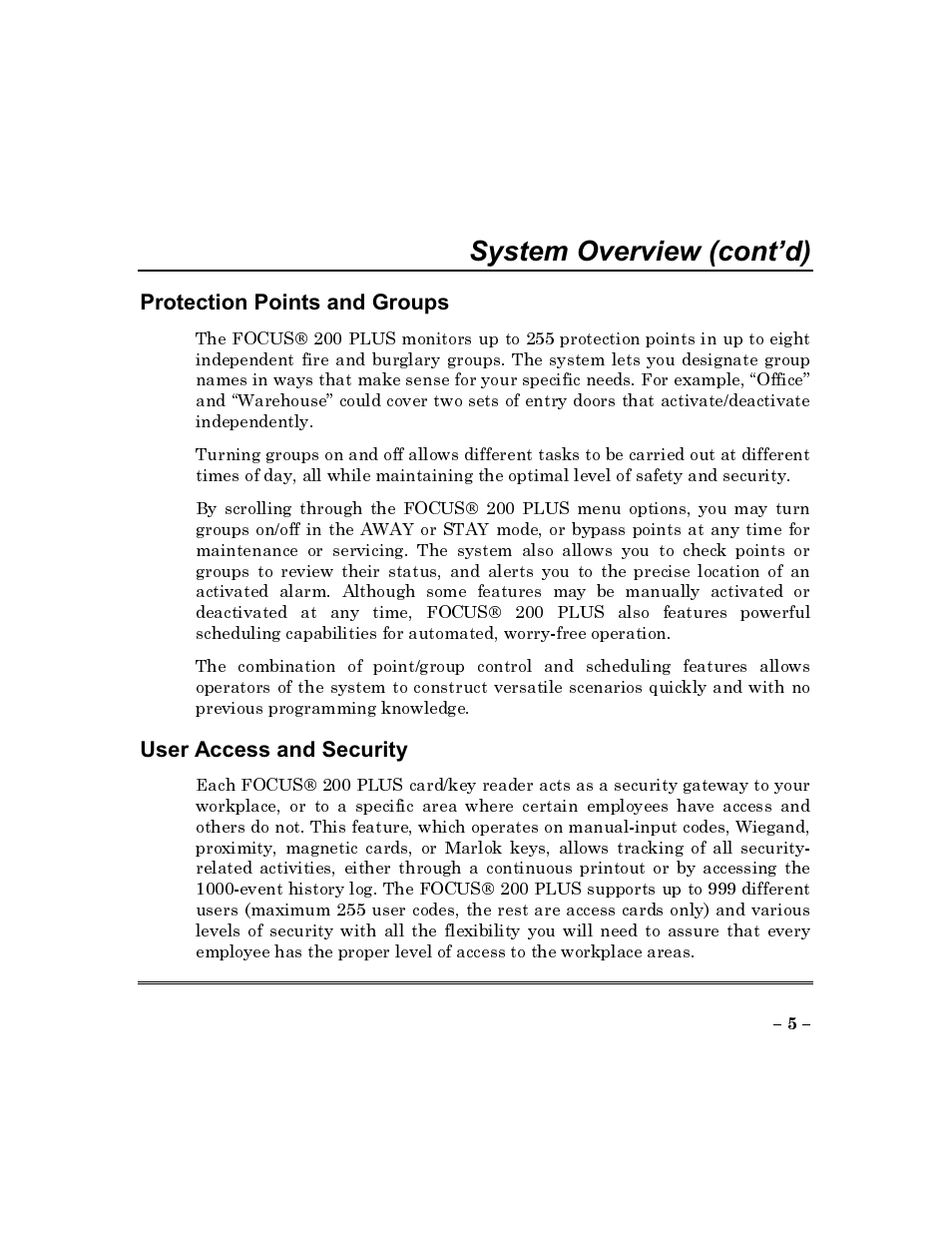 Protection points and groups, User access and security, System overview (confd) | ADT Security Services Commercial Fire & Burglary Alarm System FOCUS 200 PLUS User Manual | Page 5 / 88