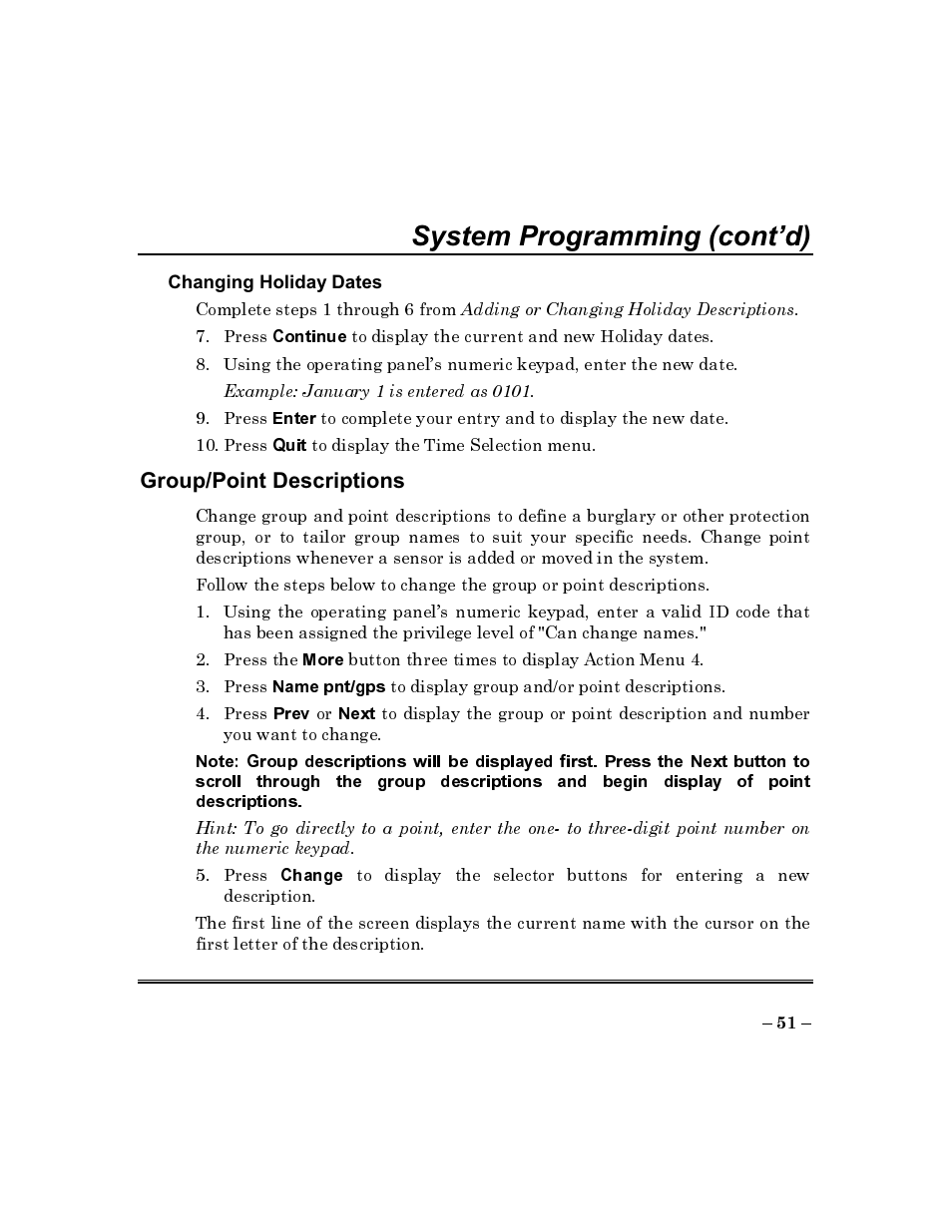 Group/point descriptions, System programming (cont’d) | ADT Security Services Commercial Fire & Burglary Alarm System FOCUS 200 PLUS User Manual | Page 51 / 88