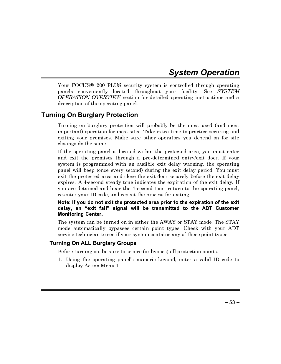 Turning on burglary protection, System operation | ADT Security Services Commercial Fire & Burglary Alarm System FOCUS 200 PLUS User Manual | Page 53 / 88