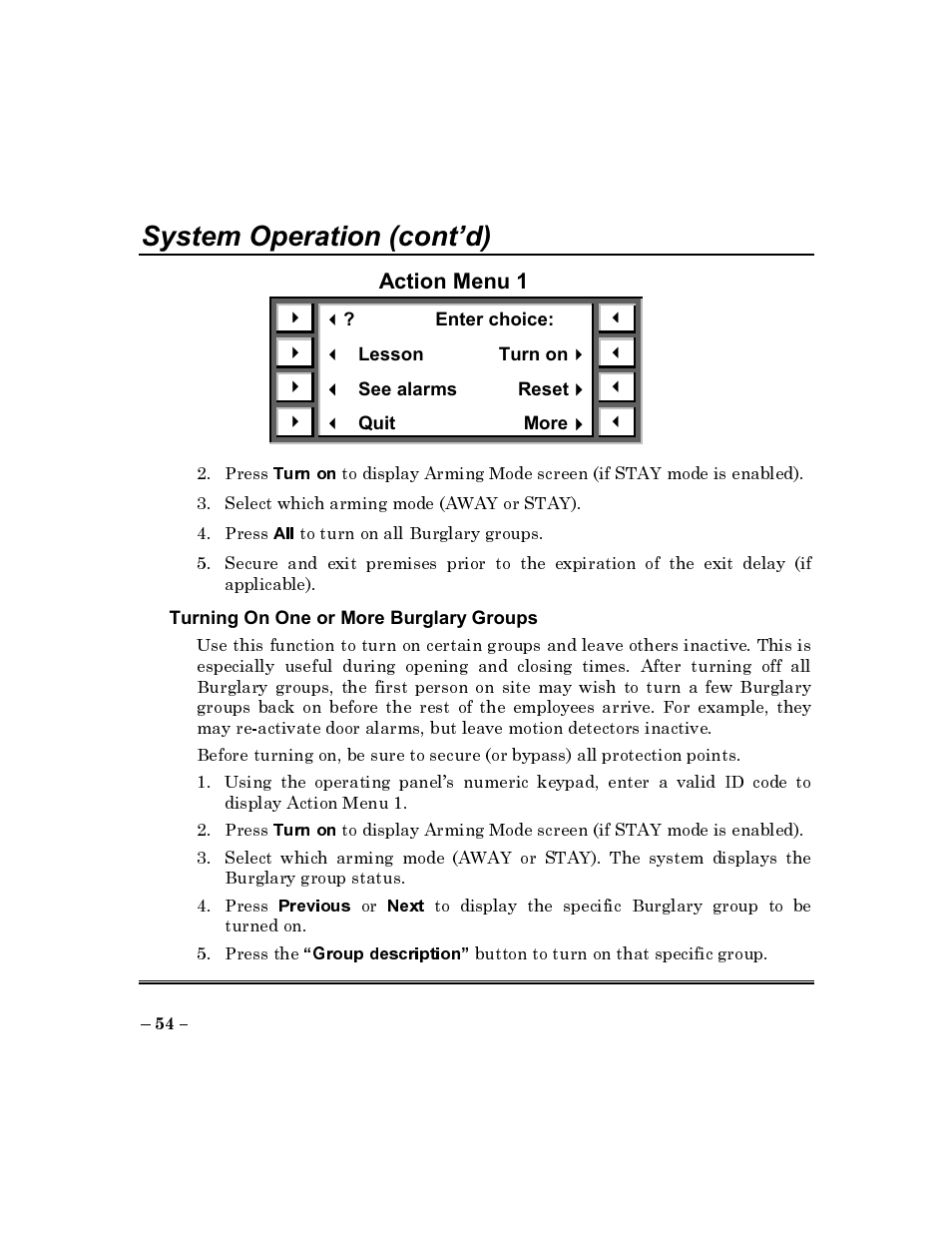 Action menu 1, System operation (cont’d) | ADT Security Services Commercial Fire & Burglary Alarm System FOCUS 200 PLUS User Manual | Page 54 / 88