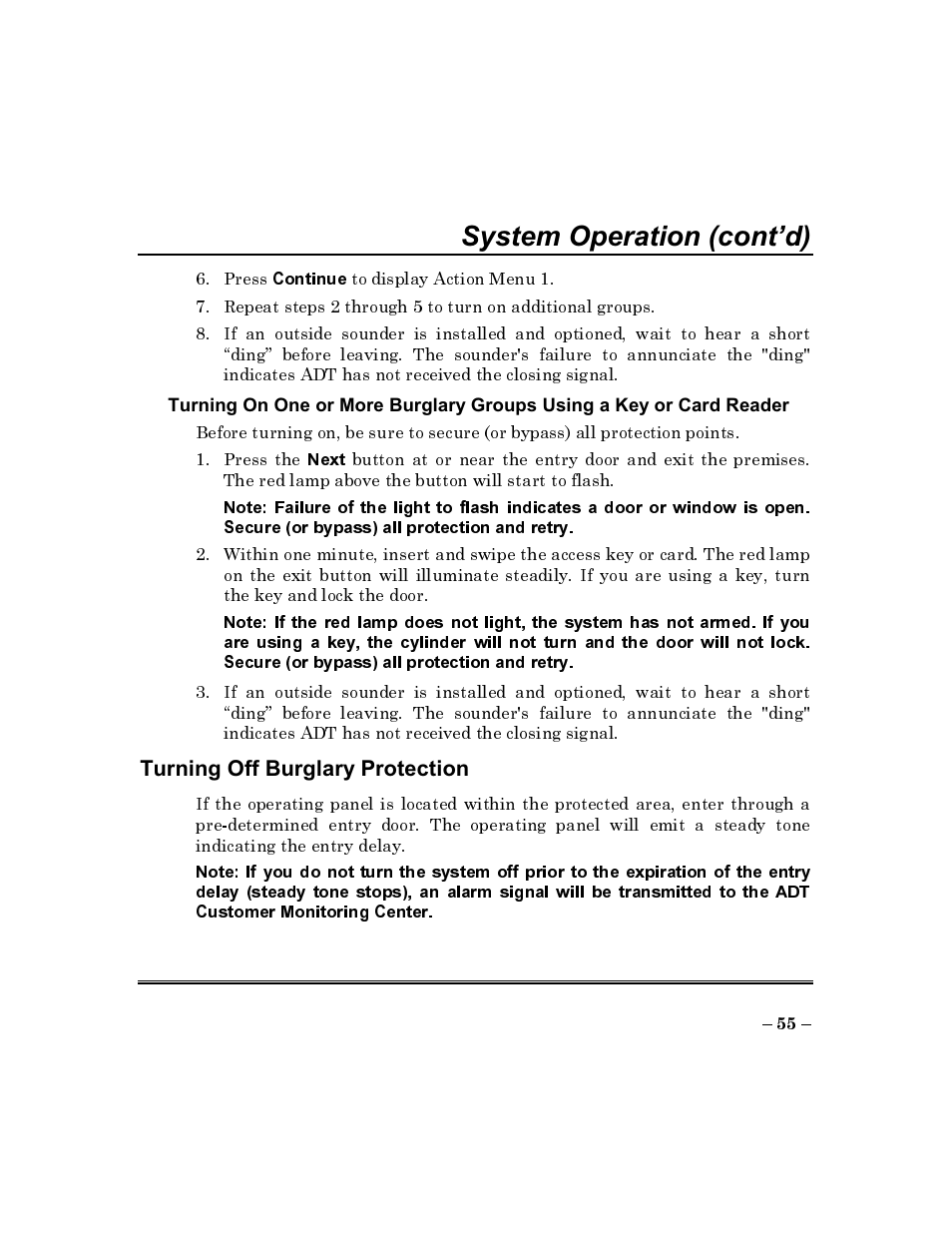 Turning off burglary protection, System operation (cont’d) | ADT Security Services Commercial Fire & Burglary Alarm System FOCUS 200 PLUS User Manual | Page 55 / 88