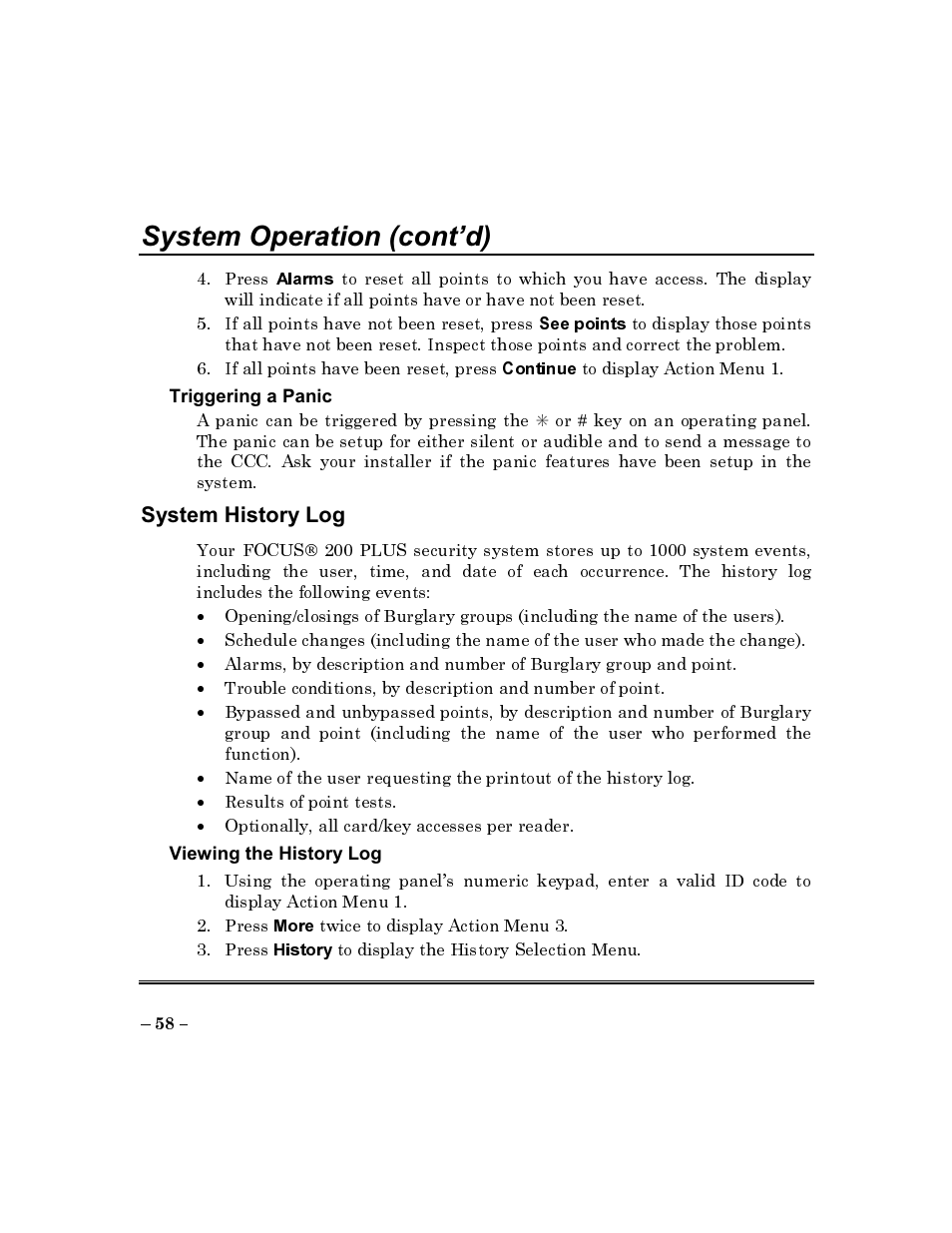 System history log, System operation (cont’d) | ADT Security Services Commercial Fire & Burglary Alarm System FOCUS 200 PLUS User Manual | Page 58 / 88