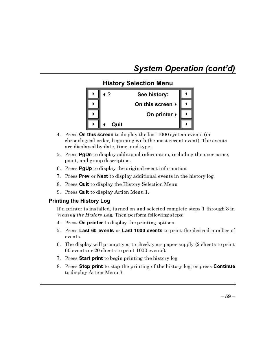 History selection menu, System operation (cont’d) | ADT Security Services Commercial Fire & Burglary Alarm System FOCUS 200 PLUS User Manual | Page 59 / 88