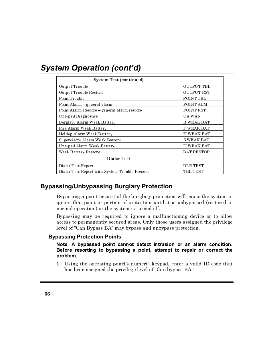 Bypassing/unbypassing burglary protection, System operation (cont’d) | ADT Security Services Commercial Fire & Burglary Alarm System FOCUS 200 PLUS User Manual | Page 66 / 88