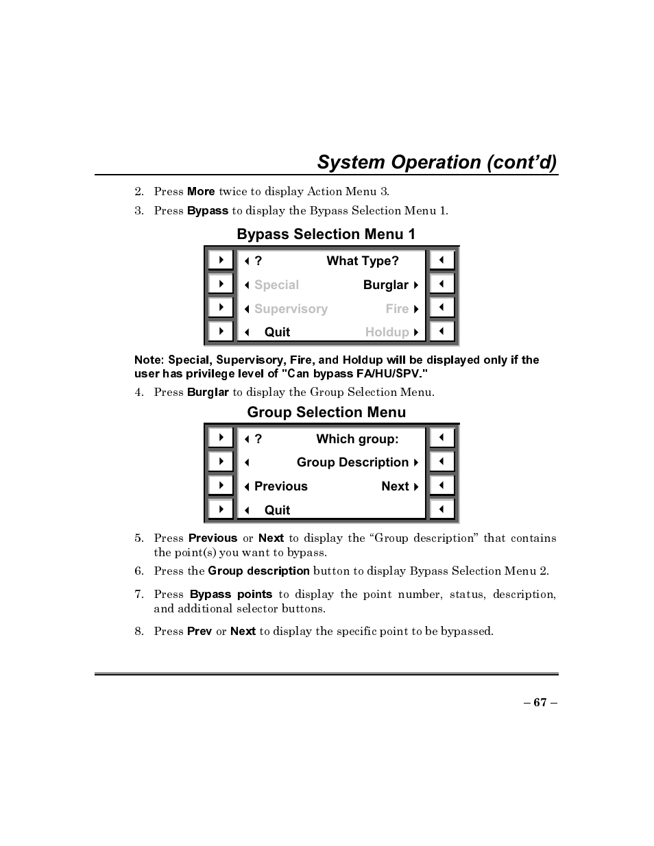 Bypass selection menu 1, Group selection menu, System operation (cont’d) | ADT Security Services Commercial Fire & Burglary Alarm System FOCUS 200 PLUS User Manual | Page 67 / 88