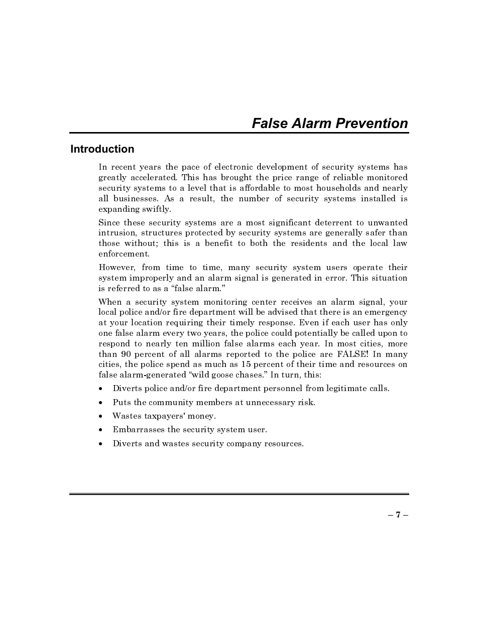 Introduction, False alarm prevention | ADT Security Services Commercial Fire & Burglary Alarm System FOCUS 200 PLUS User Manual | Page 7 / 88