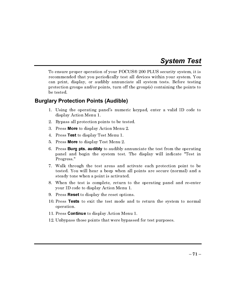 Burglary protection points (audible), System test | ADT Security Services Commercial Fire & Burglary Alarm System FOCUS 200 PLUS User Manual | Page 71 / 88