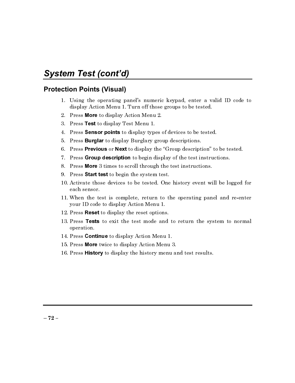 Protection points (visuai), Protection points (visual), System test (cont’d) | ADT Security Services Commercial Fire & Burglary Alarm System FOCUS 200 PLUS User Manual | Page 72 / 88