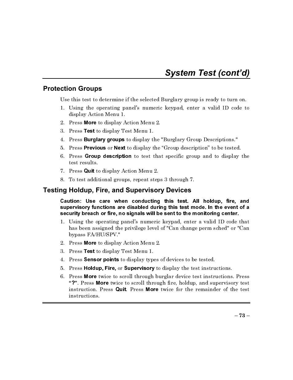 Protection groups, Testing holdup, fire, and supervisory devices, System test (cont’d) | ADT Security Services Commercial Fire & Burglary Alarm System FOCUS 200 PLUS User Manual | Page 73 / 88