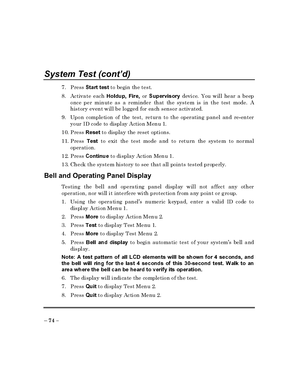 Bell and operating panel display, Bell and operating panel, Display | System test (cont’d) | ADT Security Services Commercial Fire & Burglary Alarm System FOCUS 200 PLUS User Manual | Page 74 / 88