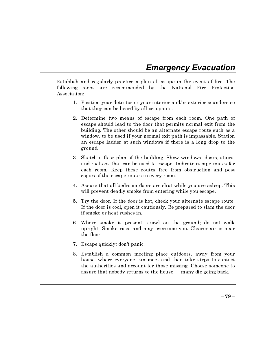 Emergency evacuation | ADT Security Services Commercial Fire & Burglary Alarm System FOCUS 200 PLUS User Manual | Page 79 / 88