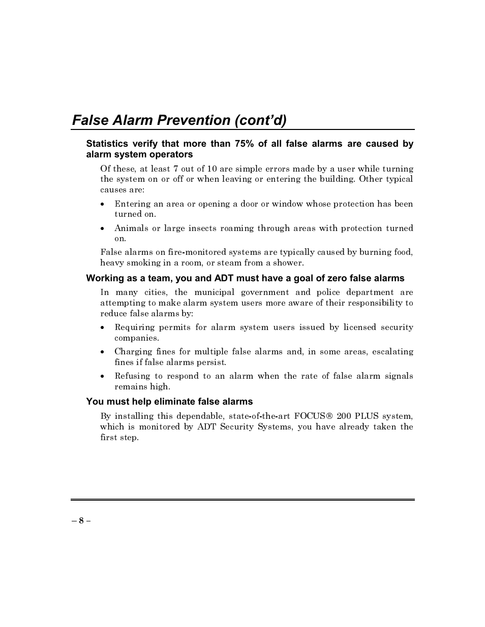 False alarm prevention (confd) | ADT Security Services Commercial Fire & Burglary Alarm System FOCUS 200 PLUS User Manual | Page 8 / 88