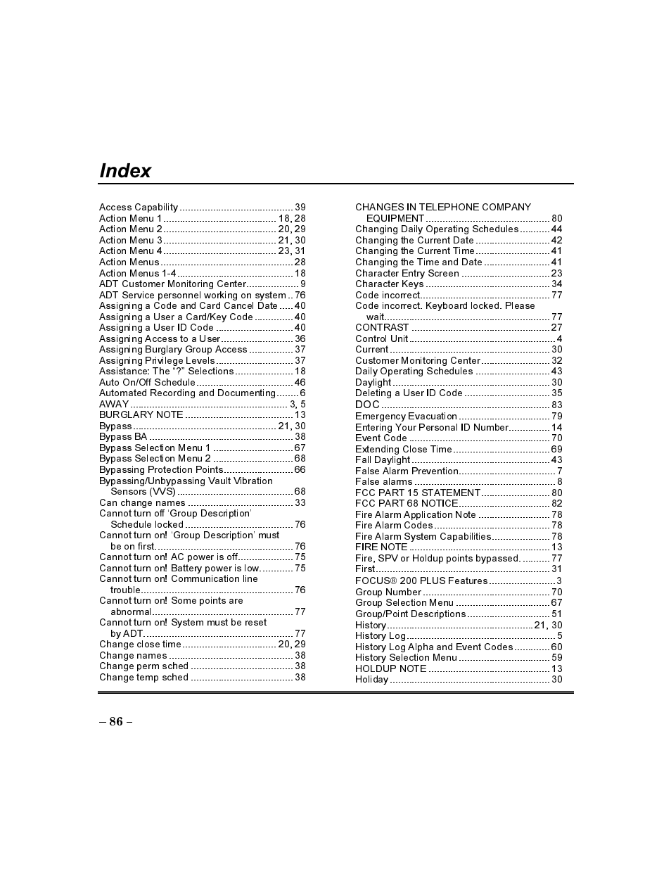 Index | ADT Security Services Commercial Fire & Burglary Alarm System FOCUS 200 PLUS User Manual | Page 86 / 88