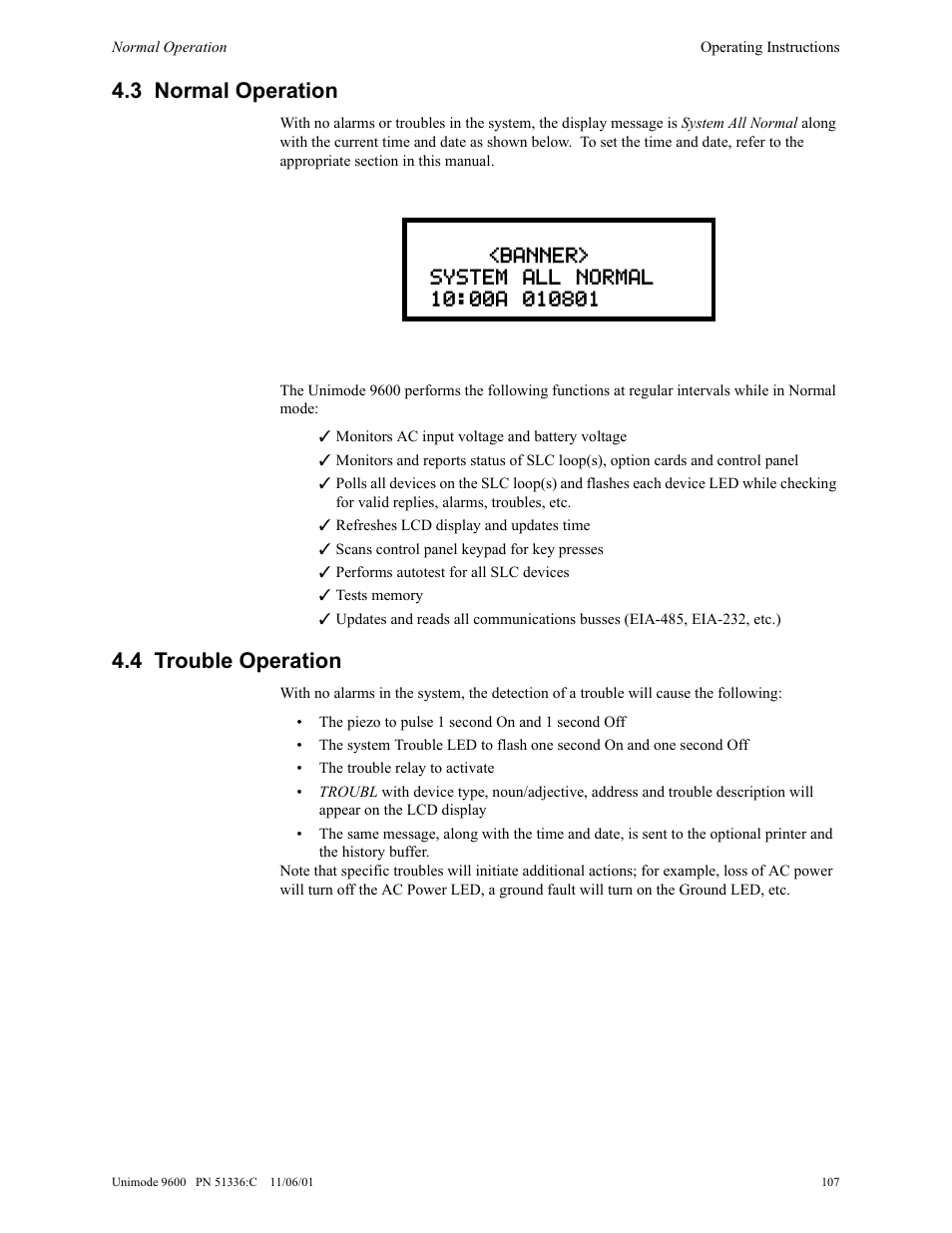 3 normal operation, 4 trouble operation | ADT Security Services Unimode 9600 User Manual | Page 107 / 148