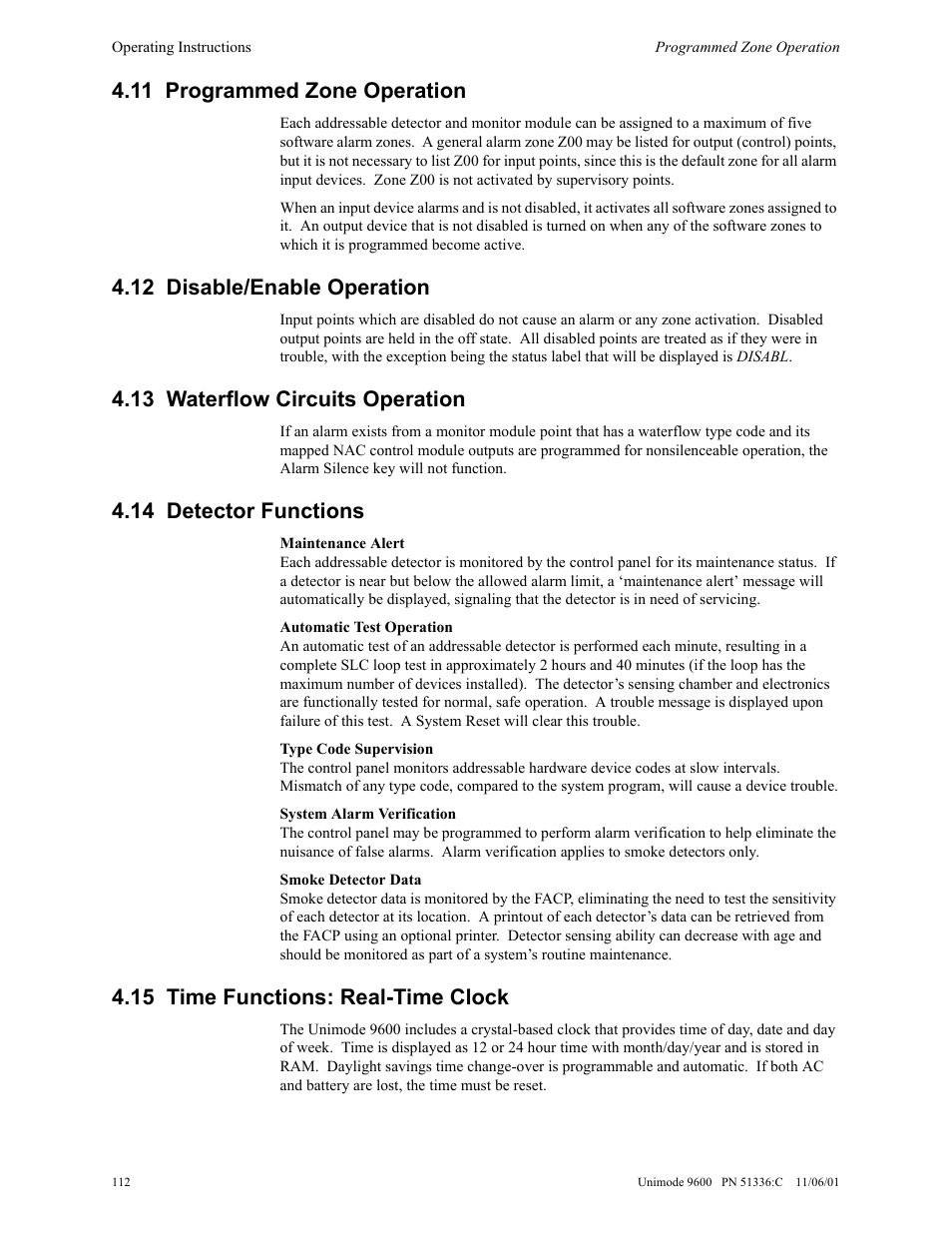 11 programmed zone operation, 12 disable/enable operation, 13 waterflow circuits operation | 14 detector functions, 15 time functions: real-time clock | ADT Security Services Unimode 9600 User Manual | Page 112 / 148