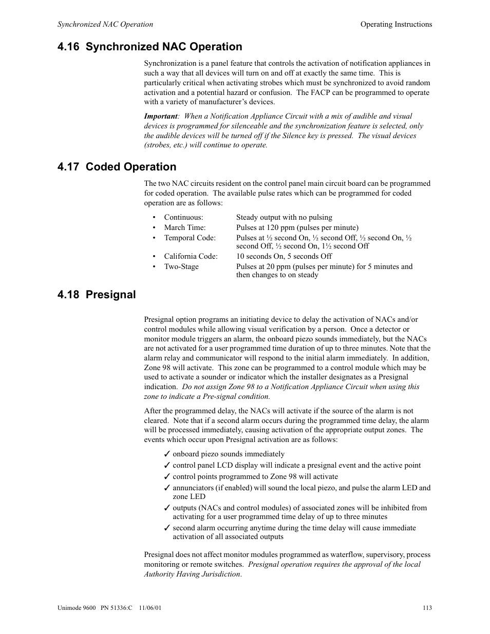 16 synchronized nac operation, 17 coded operation, 18 presignal | ADT Security Services Unimode 9600 User Manual | Page 113 / 148