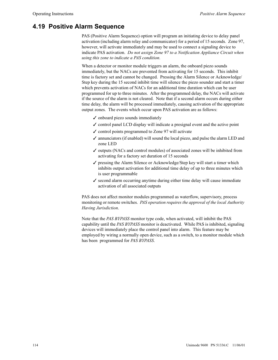 19 positive alarm sequence | ADT Security Services Unimode 9600 User Manual | Page 114 / 148