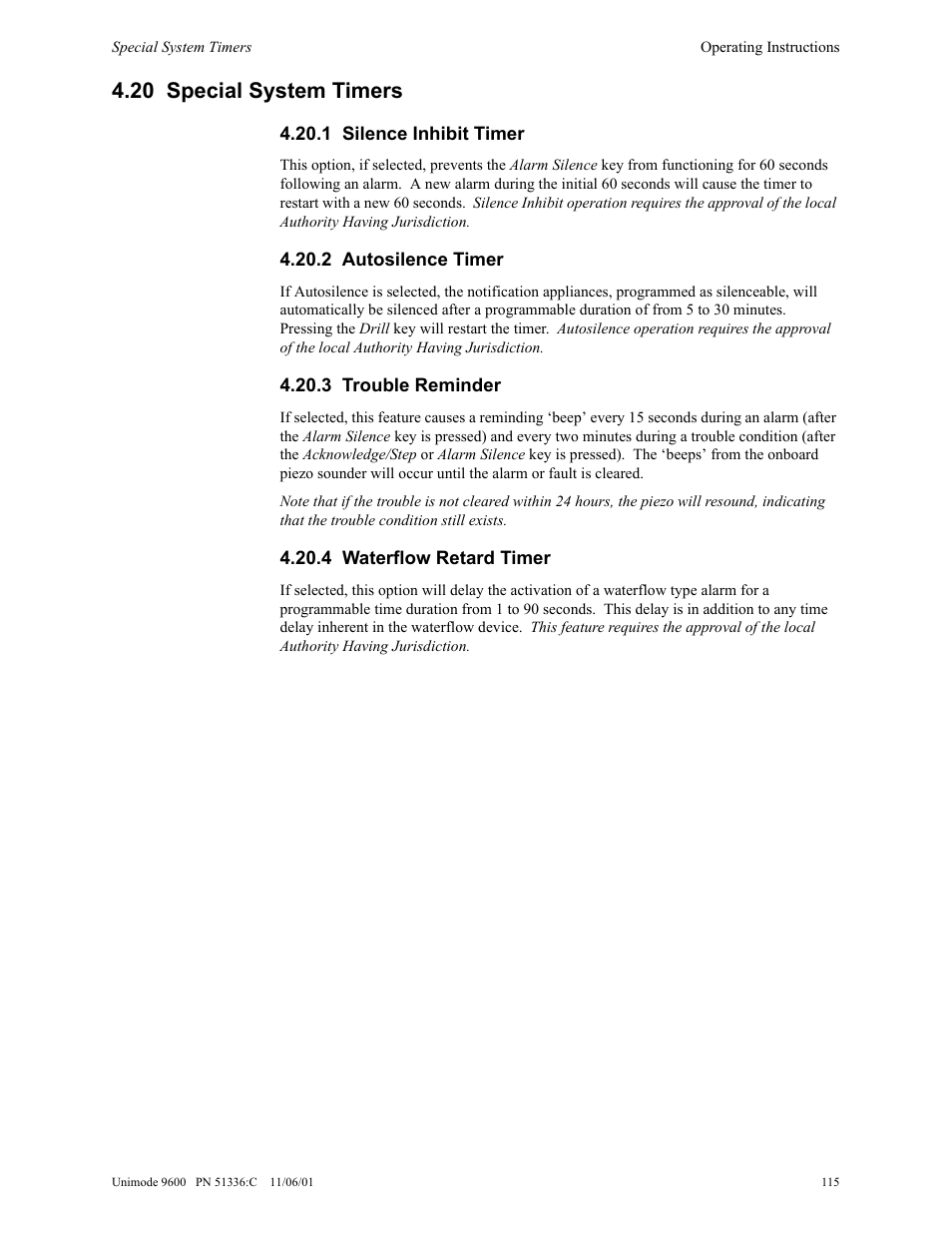 20 special system timers | ADT Security Services Unimode 9600 User Manual | Page 115 / 148