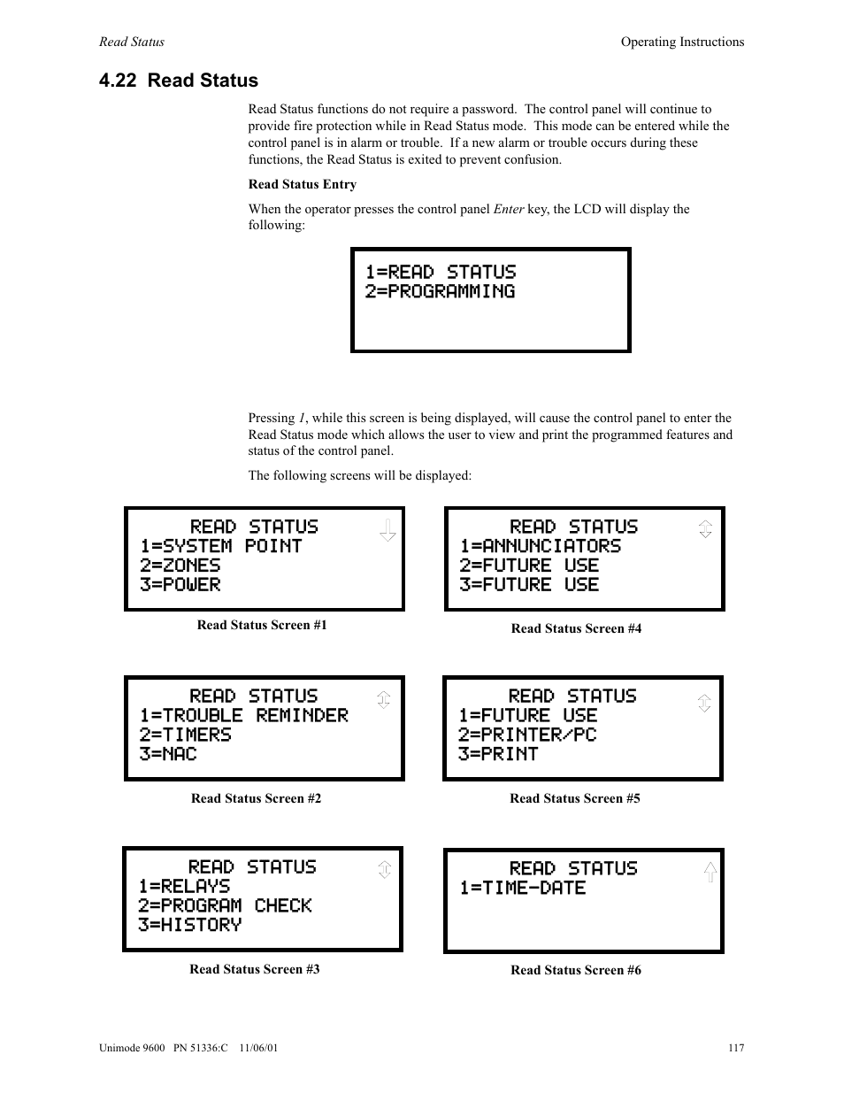 22 read status | ADT Security Services Unimode 9600 User Manual | Page 117 / 148