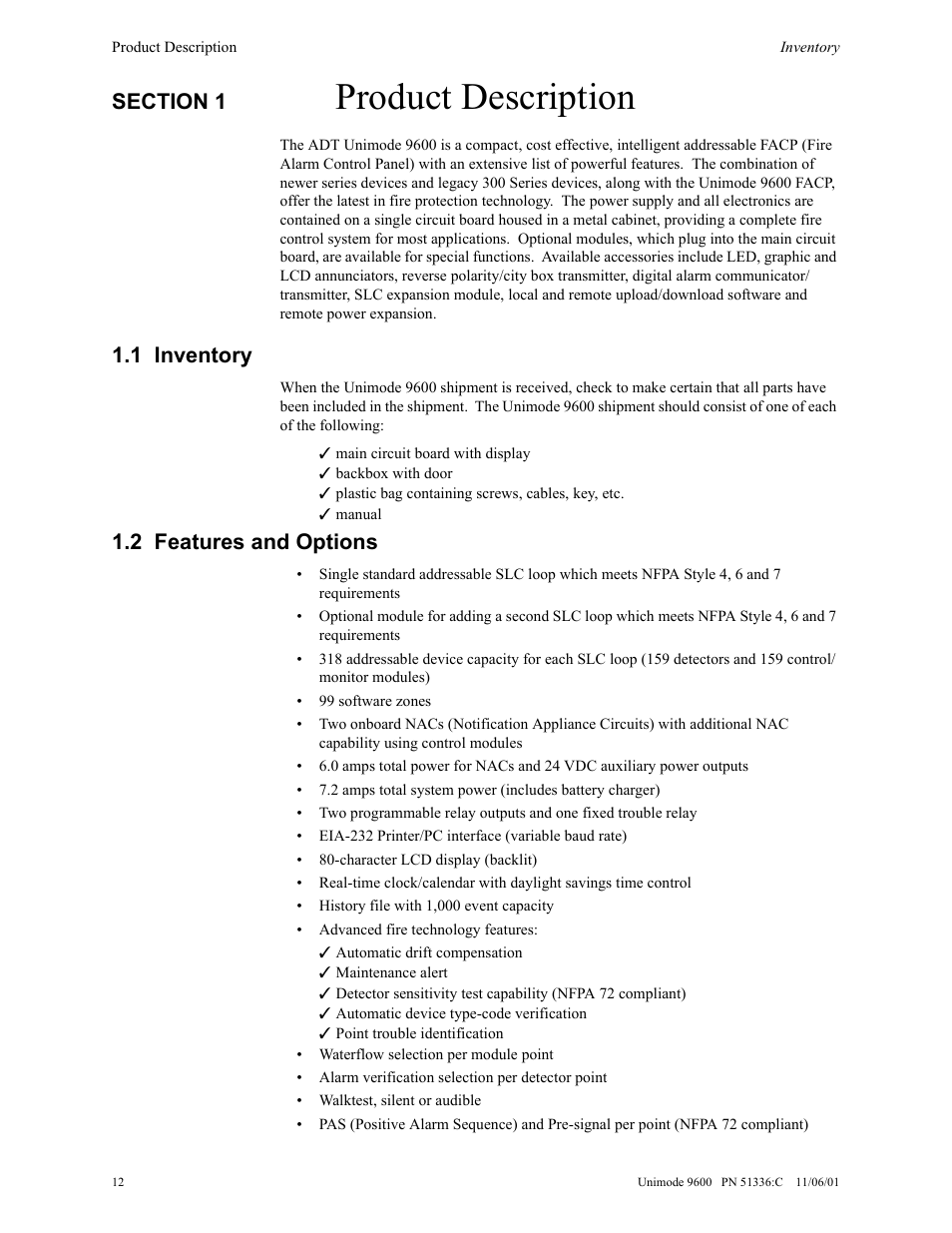 Product description, 1 inventory, 2 features and options | ADT Security Services Unimode 9600 User Manual | Page 12 / 148