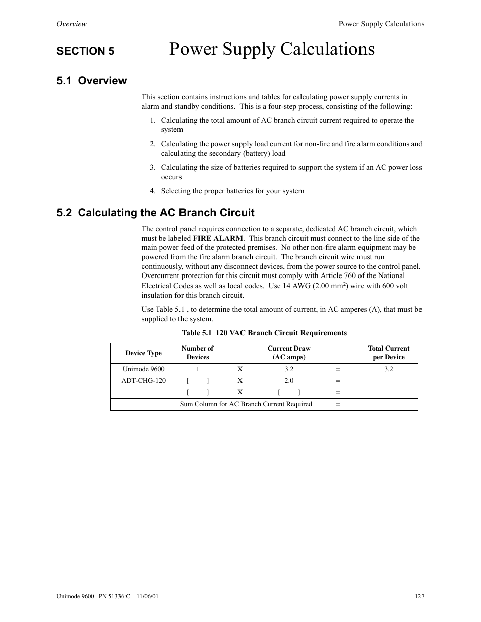 Power supply calculations, 1 overview, 2 calculating the ac branch circuit | ADT Security Services Unimode 9600 User Manual | Page 127 / 148