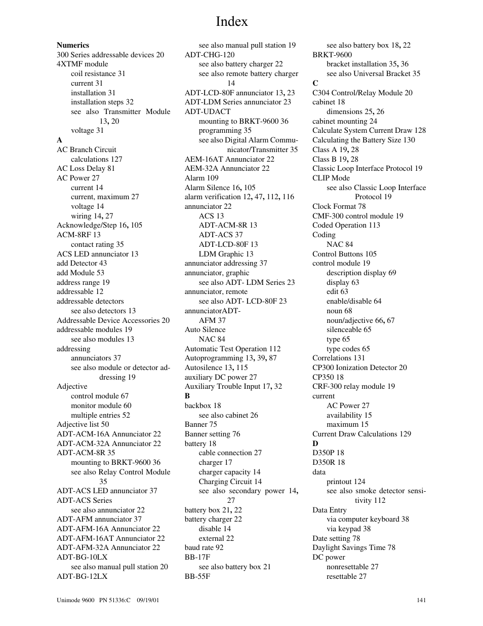 Index | ADT Security Services Unimode 9600 User Manual | Page 141 / 148