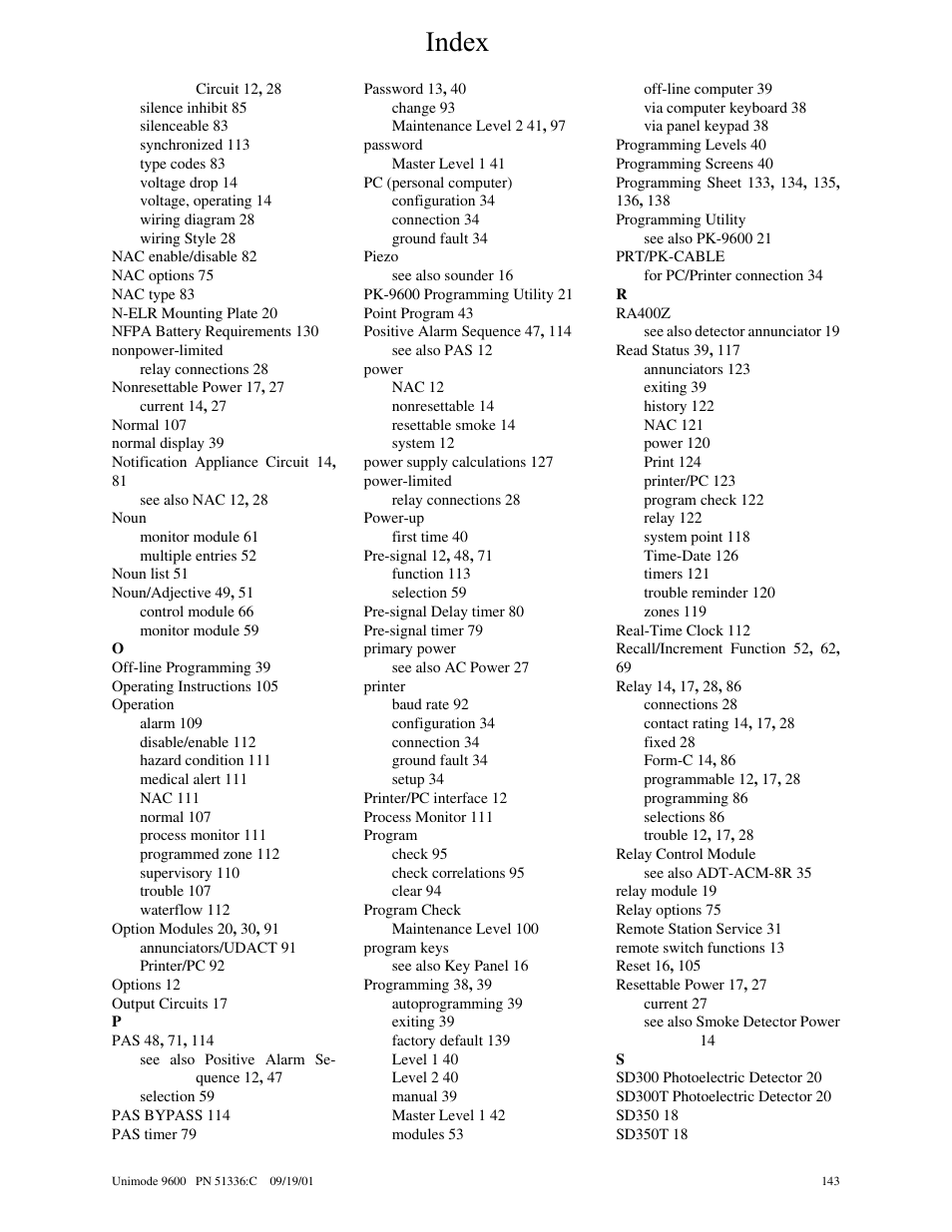 Index | ADT Security Services Unimode 9600 User Manual | Page 143 / 148
