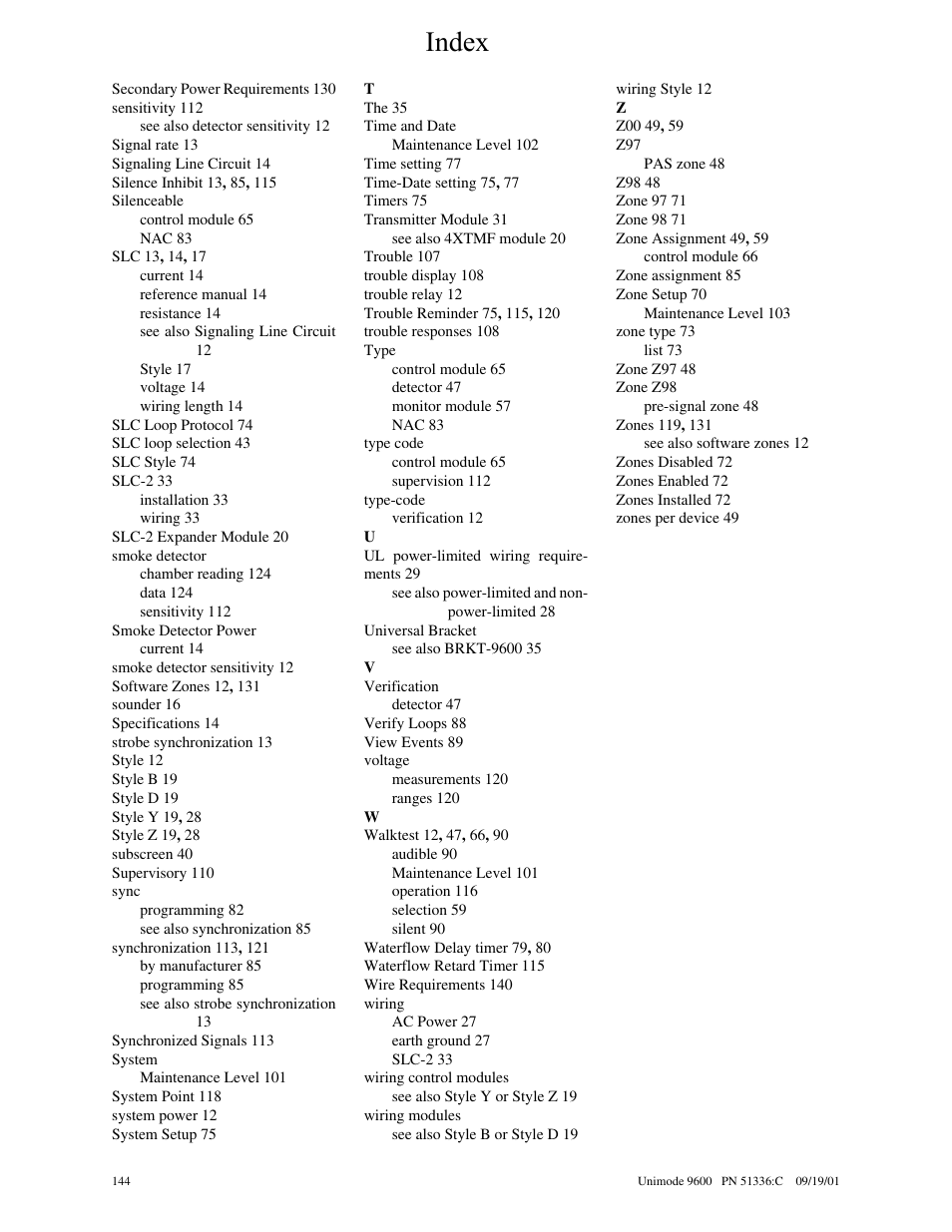 Index | ADT Security Services Unimode 9600 User Manual | Page 144 / 148
