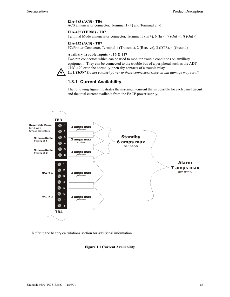 1 current availability, Standby 6 amps max, Alarm 7 amps max | ADT Security Services Unimode 9600 User Manual | Page 15 / 148