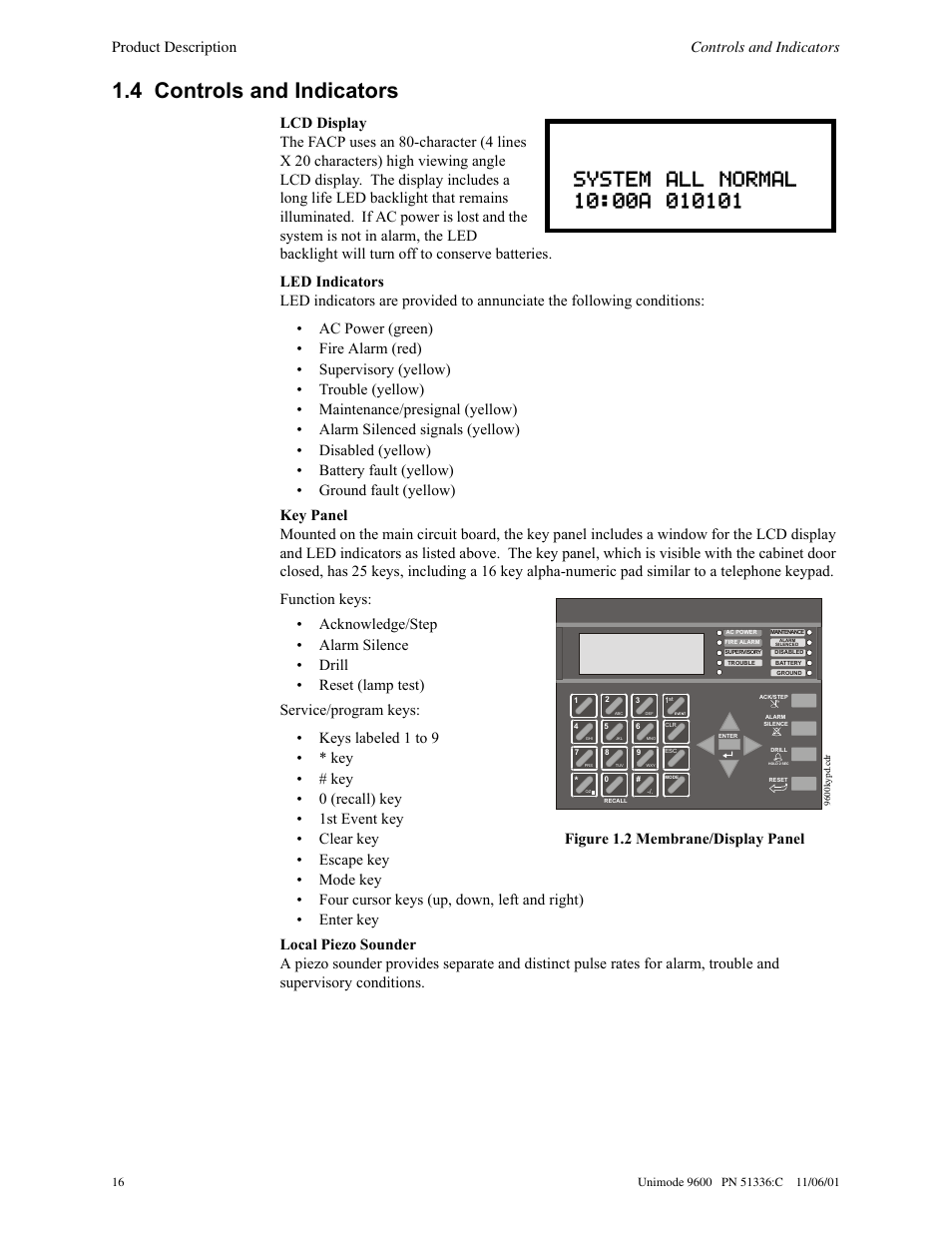 4 controls and indicators, Product description controls and indicators, Figure 1.2 membrane/display panel | ADT Security Services Unimode 9600 User Manual | Page 16 / 148