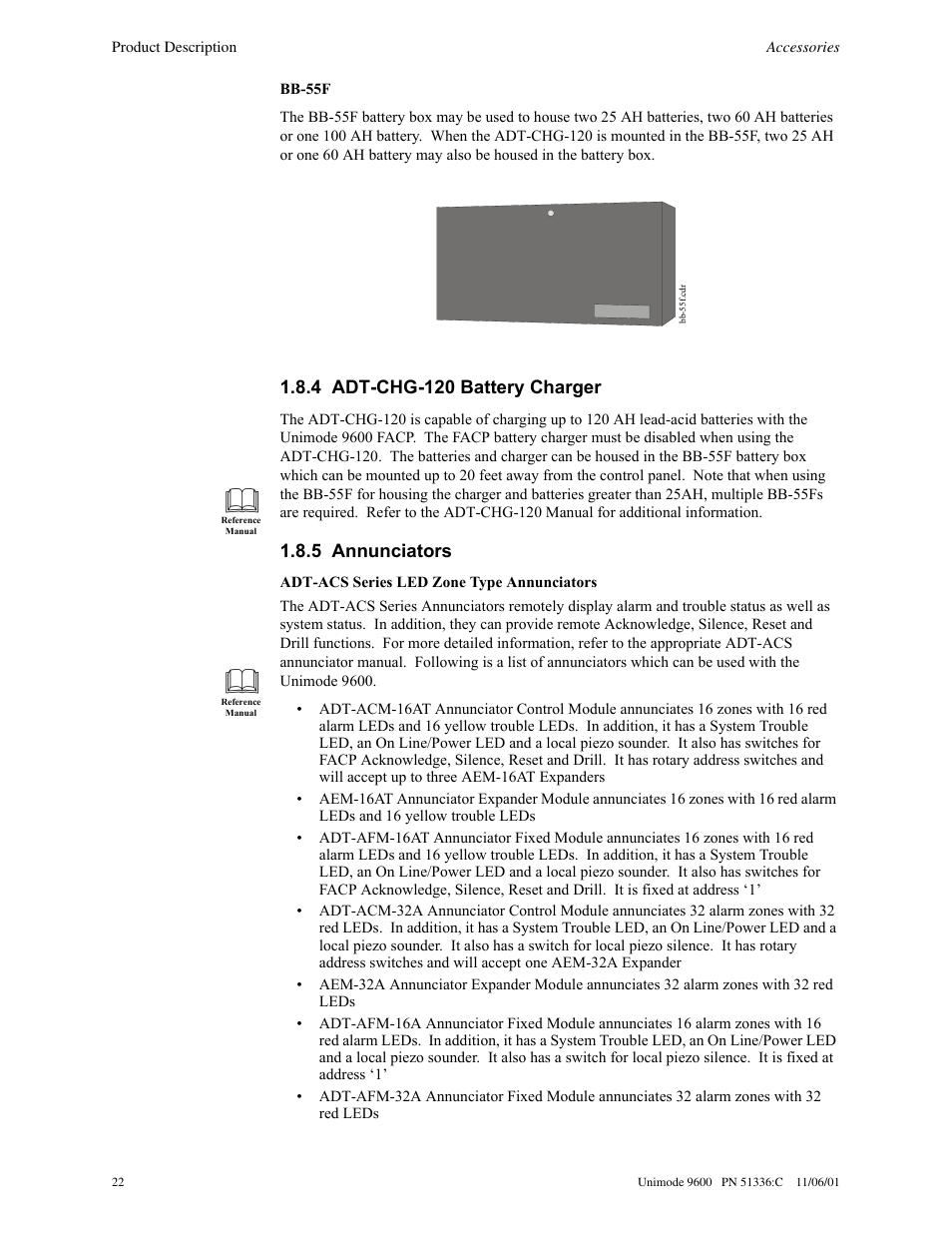 4 adt-chg-120 battery charger, 5 annunciators | ADT Security Services Unimode 9600 User Manual | Page 22 / 148