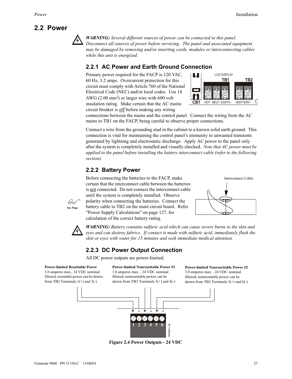 2 power, 1 ac power and earth ground connection, 2 battery power | 3 dc power output connection | ADT Security Services Unimode 9600 User Manual | Page 27 / 148