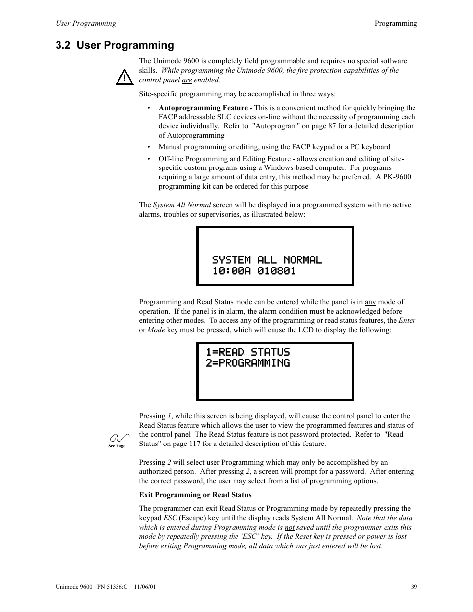 2 user programming | ADT Security Services Unimode 9600 User Manual | Page 39 / 148